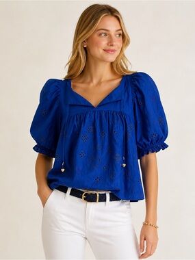 KERRI ROSENTHAL Blue Cotton Eyelet Puff Sleeve Blouse Size Small